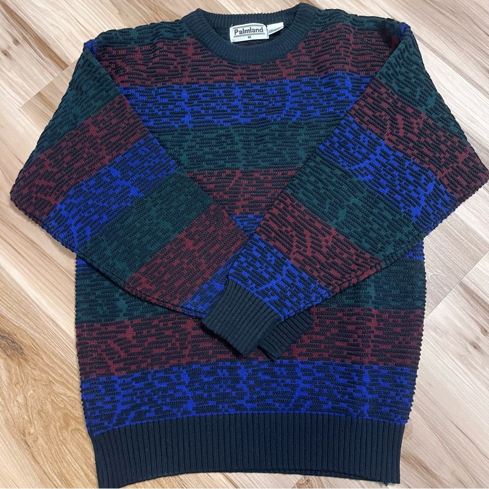 Vintage 90s Palmland Textured Knit Striped Sweater Mens Medium M Grandpa Cosby